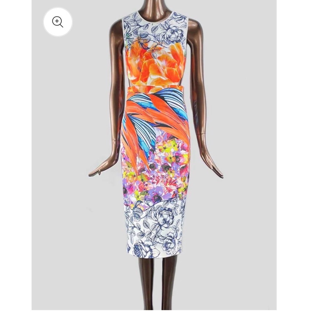 Floral Tropical Print Sheath Dress in Orange and White